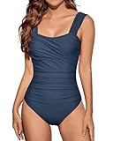 VECENEY One Piece Swimming Costume Women Tummy Control Modest Swimwear Square Neck Ruched Swimsuit Navy S