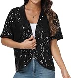 QIXING Women's Sequin Sparkle Lightweight Short Sleeve Cardigan Casual Party Clubwear Cover Up Glitter Shrug Sequin Jacket(Black, L)