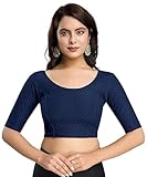 Accessorize Kingdom Women's Dobby Pure Cotton Elastin Stretchable Readymade Round Neck Elbow Length Sleeves Blouse Choli Stylish Saree Blouse (NavyBlue, 38-42)