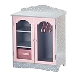 Olivia's Little World Polka Dot Princess Wooden Shaker-Style Double Closet for 18" Doll Wardrobes with Windowed Doors, Three Shelves, Hanging Space with Hangers, Grey/Pink