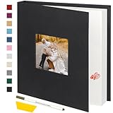 Miaikoe Photo Album Self Adhesive Scrapbook Album for 4x6 5x7 8x10 Pictures,40 Pages Linen Cover Album with Display Window DIY Book with A Metallic Pen and Scraper (Black)