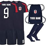 Personalised England Style Kit Navy and Red Football Shirt, Navy Blue Shorts, Bag and Socks for Boys and Girls Best Birthday Gift for Children Kids Playwear 3/13 Years Old (7-8 Years)