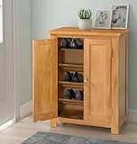 Hallowood Furniture Waverly Oak Shoe Storage Cabinet with 3 Slanted and 1 Top Flat Shelf, Solid Oak Cupboard, 2-Door Slim Shoe Cabinet Fits 15 Pairs Adult Footwear, Hallway Furniture