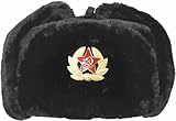 Mens Russian Winter Hat | Faux Fur Ushanka Cossack Hat with Ear Flaps & Decorative Military Pin | Soviet Style Trapper Ski Hat Perfect for Long, Cold Winter Nights One Size-58/60cm (58 cm Black)