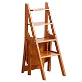 Earnmore Solid Wood Folding Library Ladder Chair Step Ladders Step Chair Foldable 4-Step Stool Dual Purpose Stepladders 4-Step Climb Step Display Stand Flower Stand (Color : Brown, Size : 46x35x90CM)