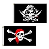 Pirate Flag, 2 PCS 2' x 3'/3' x 5' Skull and Cross Knife Crossbones Jolly Roger(Red Scarf) Flag for Outdoor and Pirate Parties (CrossKnife and Red Scarf, 2ft x 3ft)