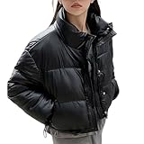 Winter Coats for Women Uk - Cropped Puffer Jacket, Wet Look Shiny, Quilted Down Coat, Long Sleeve Button Down, Stand Collar, Ladies Warm Outwear, Lightweight Loose Fit, Winfproof, Walking Streetwear