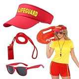 EUPSIIU 3 Pieces Lifeguard Costume Set Include Lifeguard Hat and Guard Whistle Sunglasses, Lifeguard Accessories Red Adjustable Sunscreen Hats Fancy Dress Hat for Adults Men Women Pool Party (2PCS)