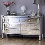 Valencia Mirrored Chest of 6 Drawers – Plain or Crushed Diamond Finish – Silver Glass with Crystal Handles – Pre-Assembled(Silver, Standard)