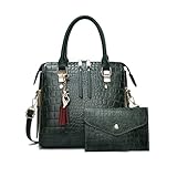 NICOLE & DORIS Elegant Handbags for Women 2 Piece Tote Bag Square Handbag Patent Shoulder Bags Crocodile Top-Handle Bags Work Bag Crossbody Bag with Pendant Green