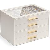 Vlando White Jewellery Box with Glass Lid, 4-Tier Jewellery Organiser, Jewellery Storage with 4 Drawers for Watches,Sunglasses, Gift for Women, For Ring, Necklace, Earring, Bracelet, White