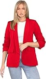 Women's Ruched Sleeve Fully Lined Blazer Ladies ¾ Sleeves Plain Open Front Jacket Top Collared Formal Office Work Coat with Front Pockets Plus Size 8-10 Red
