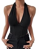 EVELIFE Womens Crop Tops Sexy Deep V Halter Neck Vest Seamless Sleeveless Corset Tops Ladies Tank Tops(Black,S)