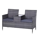 Outsunny 2 Seater Rattan Sofa with Cushions, Wicker Garden Loveseat with Armrests, Outdoor Garden Sofa Couch with Metal Frame for Patio, Mixed Grey