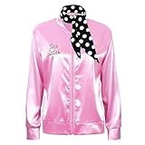 Aleshime Pink Ladies Jacket Grease Fancy Dress Women 1950S Costume Outfits, 50s Ladys Pink Satin Jacket with Neck Scarf Halloween Cosplay Costume