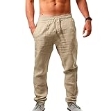 Litthing Mens Linen Trousers Casual Summer Pants Elasticated Waist Drawstring Trouser Men's Holiday Beach Pant with Pockets Lightweight Loose Fit Cotton Jogging Bottoms Khaki