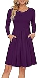 AUSELILY Women's Long Sleeve Pleated Loose Swing Casual Dress with Pockets Knee Length Purple XL