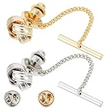 WEBEEDY 2 Pcs Tie Tack for Men Tie Pin with Chain Tie Clips with Cufflinks Tie Tack Lapel Pins for Men’s Suit, Tuxedo Tie Tack for Wedding Birthday Anniversary Business Accessory Silver Gold Tone