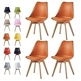 mcc direct Set of 4 Dining Chairs Wooden Legs Soft Cushion Pad Stylish DELUXE Retro Lounge Dining Office EVA (Orange)