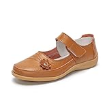 Rusffes Womens Leather Mary Jane Shoes Ladies Wide Fit Flat Shoes Casual Work Office Nurse Shoes Orange Brown 5uk