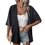 Risipu Women's Loose Print Sheer Chiffon Kimono Beach Swim Cover up Cardigan Capes Blouse Tops (Black, L)