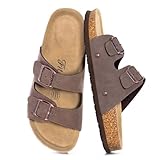 FITORY Womens Flat Sandals with Cork Footbed, Open Toe Slides Adjustable Slip On Slippers for Summer Brownish Yellow Size 6
