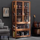 KUYATE Glass Display Cabinet, Antique Style, Natural Bamboo Frame, Double Door, Dustproof, Transparent Acrylic Sides, Brown, 80x32x170cm/L31.5xW12.6xH66.9in