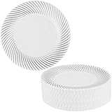 MATANA 40 Premium White Plastic Dessert Plates with Silver Rim (18cm / 7 Inch) – Elegant & Reusable – Small Side Plates for Starters, Weddings, Birthdays, BBQ & Parties