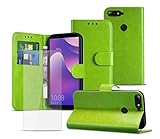 Case for Vodafone Smart V8 - Card Slot Wallet Phone Case Cover, Integrated Stand & Magnetic Tab with TEMPERED GLASS SCREEN PROTECTOR Bundle Pack [ GREEN ]