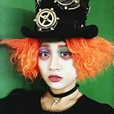 PORSMEER Short Curly Orange Wig Mad Hatter Wig For Movie Halloween Fancy Dress Costume Wigs Synthetic Hair Cosplay Wigs