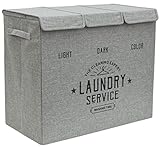 DuneDesign 3 Section Laundry Basket Grey with Lid - 84L Foldable Laundry Sorter 3 Compartments for Bedroom Bathroom Baby - 3 Part Laundry Separator Basket - Wash Bin Lights and Darks