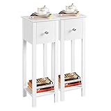 Yaheetech White Slim Bedside Table Set of 2, Narrow Wooden Nightstand with Drawer & Shelf, Tall Telephone Sidetable for Bedroom Living Room Hallway, 25x25x70cm