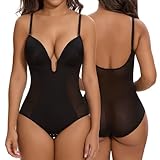 SHAPERIN Women Backless Bodysuit Shapewear Tummy Control Body Shaper with Built In Bra Sexy U Plunge Bodysuit Push Up, Black, M