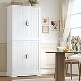 HOCSOK Pantry Cupboard, 180 cm Tall Kitchen Storage Cabinet with 4 Wooden Doors, Free Standing Kitchen Units, Larder Cupboard for living room, Dining Room, Modern, White
