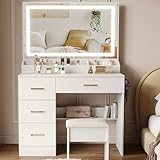 Dressing Table with Mirror and Stool: Vanity Desk with Mirror and Drawers - Makeup Desk with 4 Drawers, Wooden White Bedroom Dressing Table with LED Lights, Brightness Adjustable, 3 Open Storage Areas