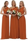 HYEC7 Women's Long One Shoulder Prom Bridesmaid Dress Chiffon Formal Evening Party Gown Burnt Orange