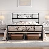 Yaheetech Metal Double Platform Bed 4ft6 Bed Frame Solid Bedstead Base with Scroll Design Headboard/Footboard Black