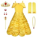 Vicloon Princess Belle Costume Dress, 9PCS Little Girl Princess Dresses Fancy Party Dress with Crown Wand Gloves Necklace Ring and Earrings for Cosplay, Girls Party - Yellow
