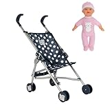 Dolly Tots Navy Single Stroller & Doll | Toy Dolls Buggy | Baby Doll Pushchair | Childrens Baby Doll Stroller Toy Umbrella Fold Stroller | Includes Matching Doll | Dolls Buggy Pushchair | Ages 2+