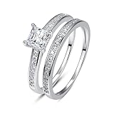 Bonlavie Engagement Rings Set Princess Cut 1.35ct White Cubic Zirconia Ring April Birthstone CZ Silver Wedding Band Bridal Rings Set Size J 1/2