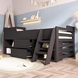 Aptliton Cabin Bed Frame 3ft Single, Mid Sleeper Kids Bed with Storage Drawers & Shelves, Low Sleeper Children's Wooden Bed in Black - 90 x 190 cm (Frame Only)