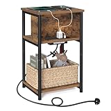 VASAGLE Slim Side Table with Charging Station, Narrow Bedside Table with 2 AC Outlets 2 USB Outlets, 30 x 34 x 58 cm, for Living Room, Bedroom, Rustic Brown and Black LET374B01
