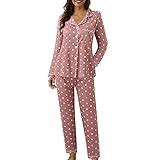 Generisch Women's Pyjamas, Casual Button Polka Print, Two-Piece Long Sleeve Pyjamas, Pyjama Suit, pink, L
