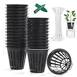 ORIMERC 30 Pack 2 inch Net Cup Pots with 12 feet Hydroponic Self Watering Wick & 12 Plant Labels Aquaponics Bucket Insert Kratky Vegetable Gardening Growing Netted Baskets Slotted Mesh Round Black