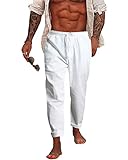 NANAMEEI Men's Jogging Beach Pants with Pockets Casual Linen Trousers White M