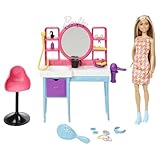 Barbie Doll & Hair Salon Playset with 15 Styling Accessories & Furniture, Long Color-Change Hair & Printed Dress, HKV00