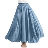 Cotton Linen A-Line Maxi Skirt for Women - Elegant High Waist Office Work Swing Style - Solid Basic Long Length Party Going Out Strappy Ladies