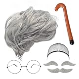 MIVAIUN 8 Pcs Grandpa Costume Set - Grey Wig, Mustache, Eyebrows, Wig Cap, Glasses, Inflatable Walking Stick - Men's Dress Up Costume Accessories for Party Cosplay Performances