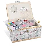 Navaris Sewing Box with Accessories - Sewing Basket with Organiser Tray Compartments 24.5 x 17.5 x 12.5 cm - Includes 76 Piece Kit - Bird Design