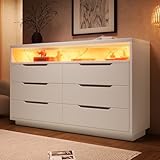 ModernLuxe Marbled 6-Drawer Sideboards for Living Room, Stylish Sideboard Storage Cabinet with RGB LED Lighting and Shelves, Elegant Recessed Handles, Chest of Drawers Bedroom, White, 120x40x85cm